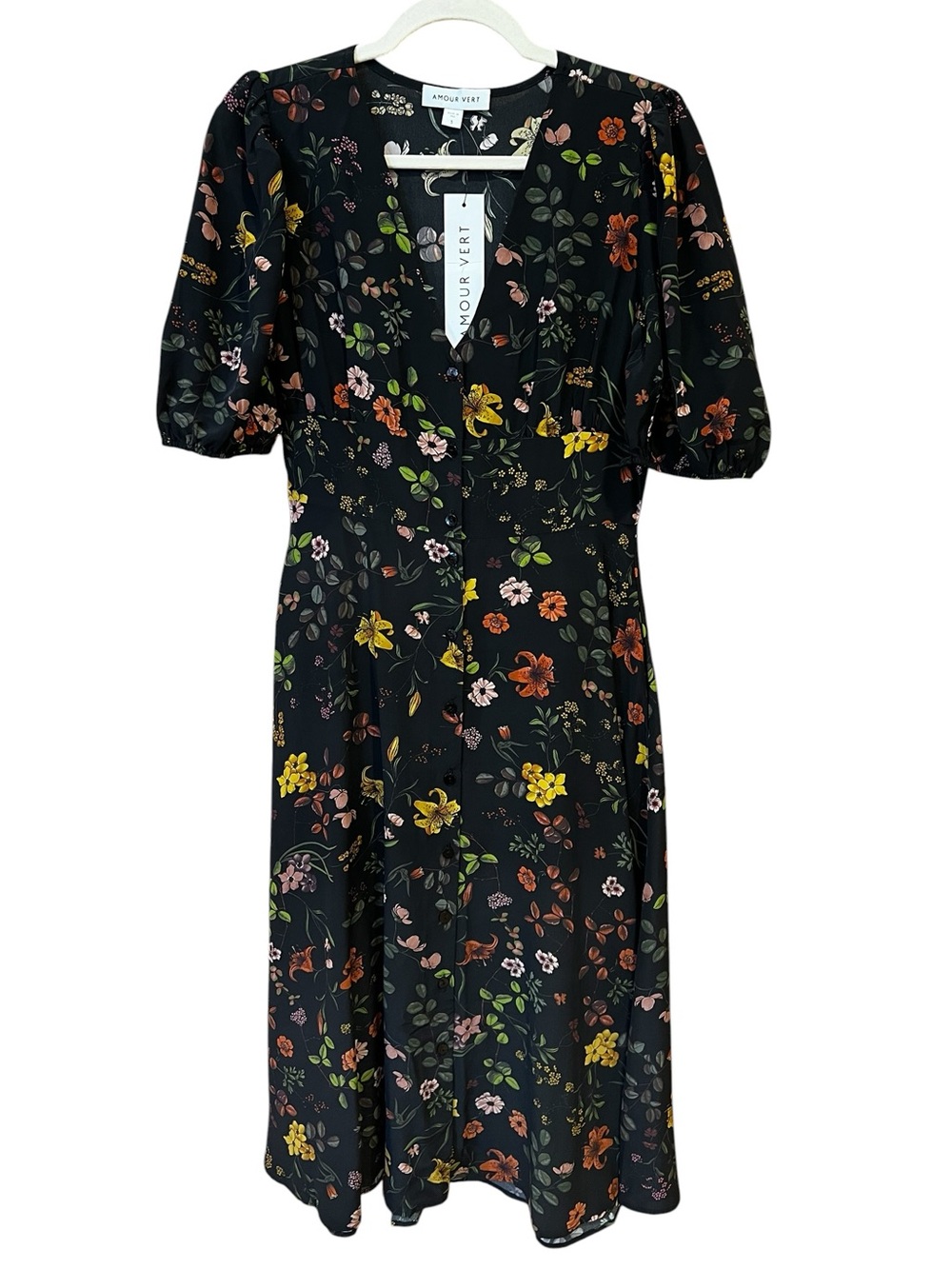 Amour Vert Odette Silk V Neck Button Front Midi Dress St Germaine Floral Small